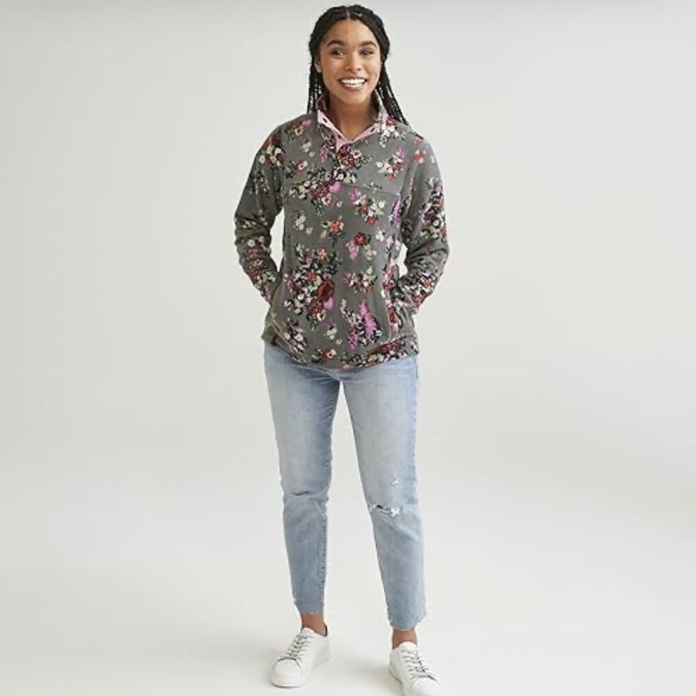 Vera Bradley Floral Fleece Pullover Snap Neck‎ Jacket Gray Pink XS